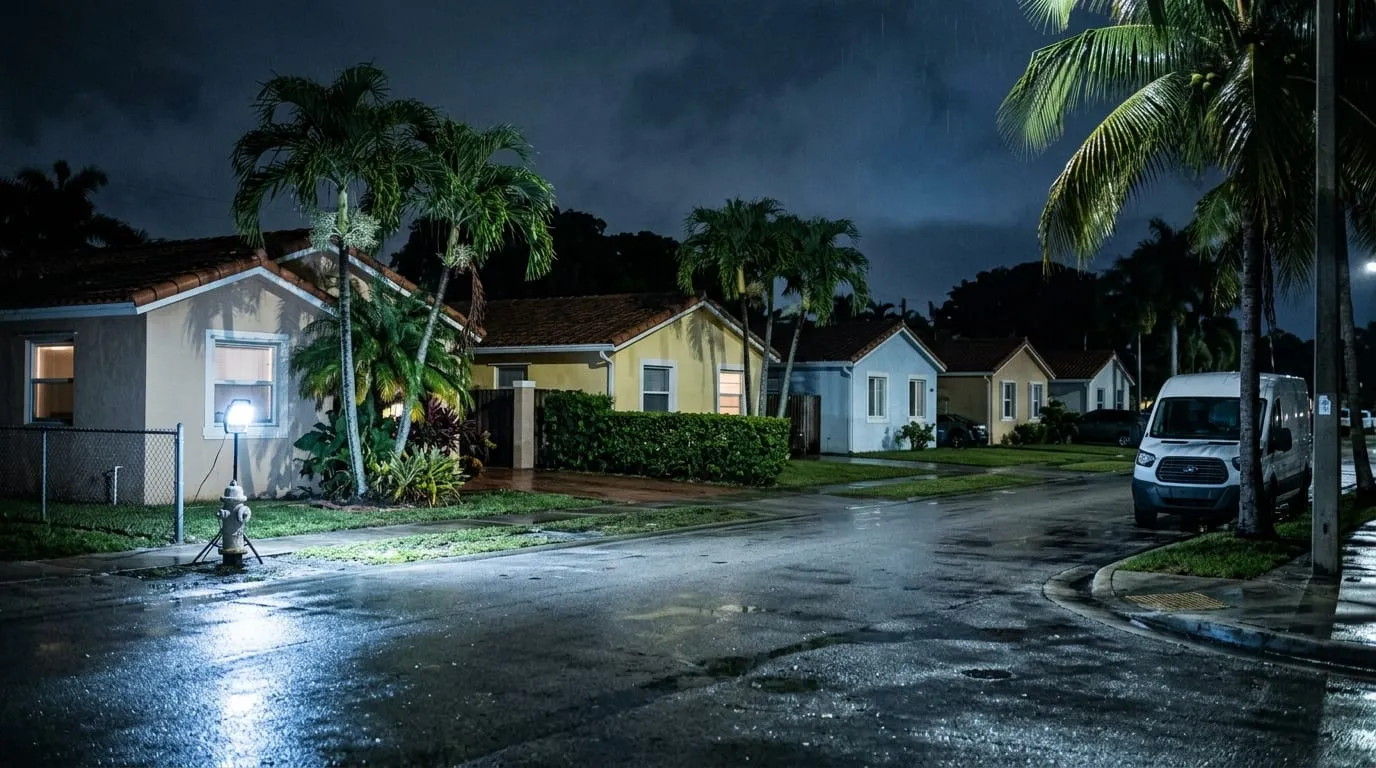 A row of South Florida canal homes at night with a service van at the far kerb