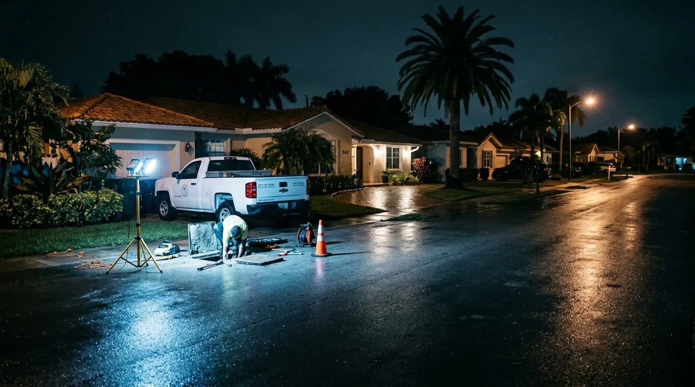 A South Florida residential street after rain at night
