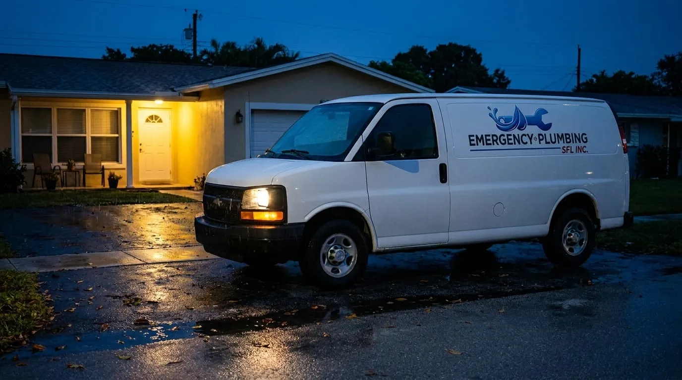 A service van pulling up to a South Florida home at night, headlights across the wet driveway