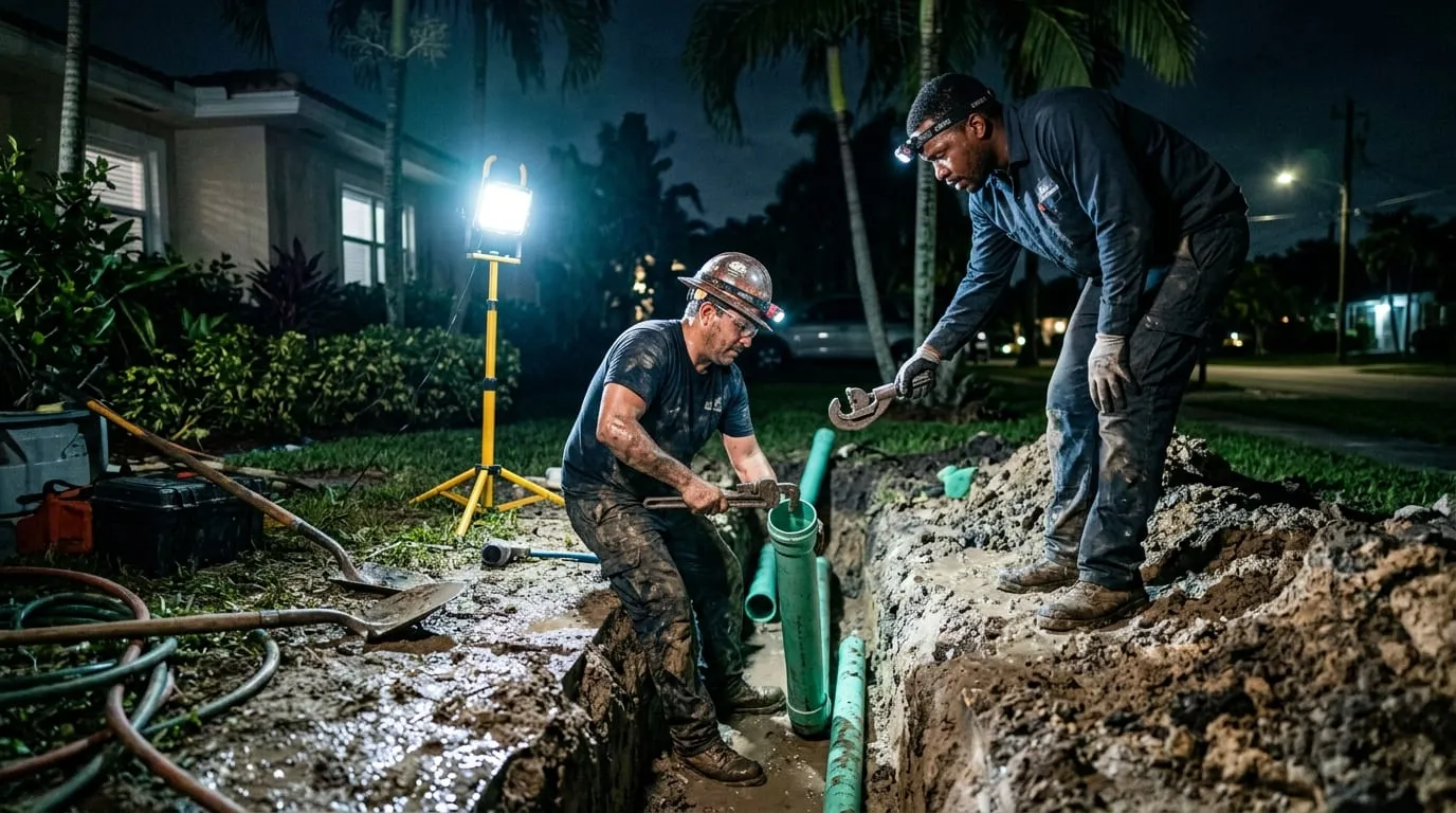 Two plumbers working a trench in a South Florida front yard under work lamps