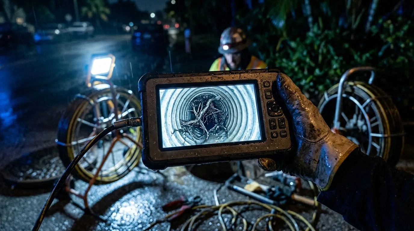 A sewer camera monitor showing root intrusion inside a pipe