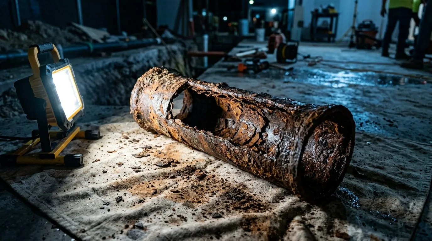 A cut section of corroded cast iron drain pipe on a drop cloth