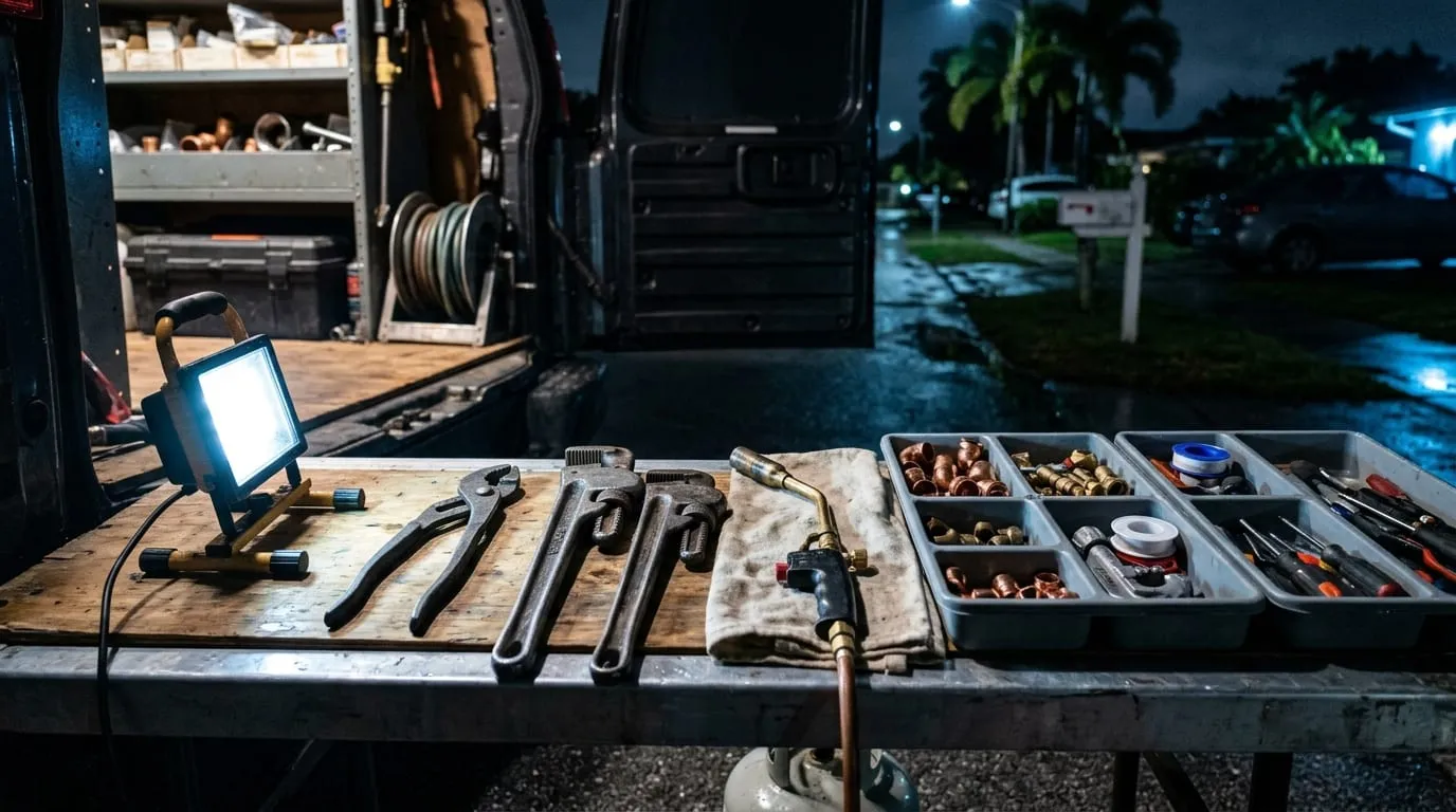 Plumbing tools laid out on the open rear sill of a service van at night
