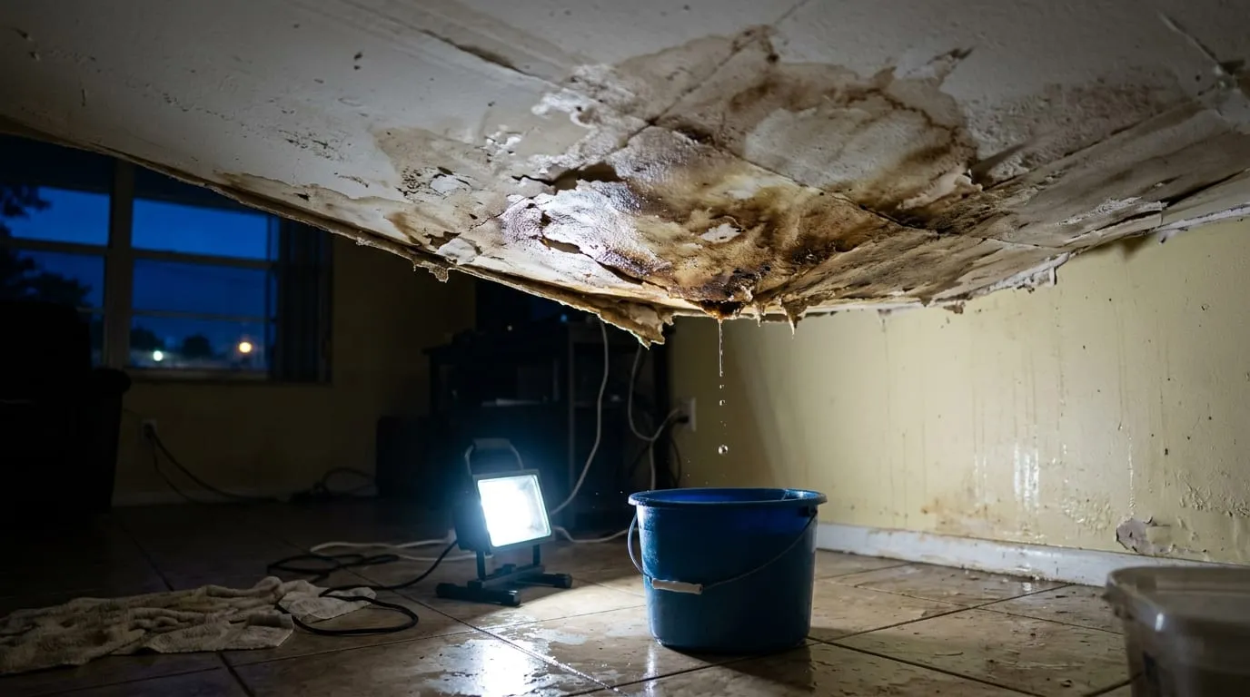A spreading water stain and sagging drywall with a bucket below