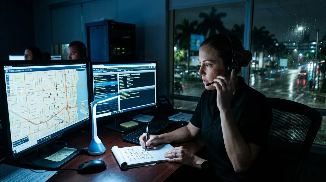 A dispatcher taking an emergency call at night