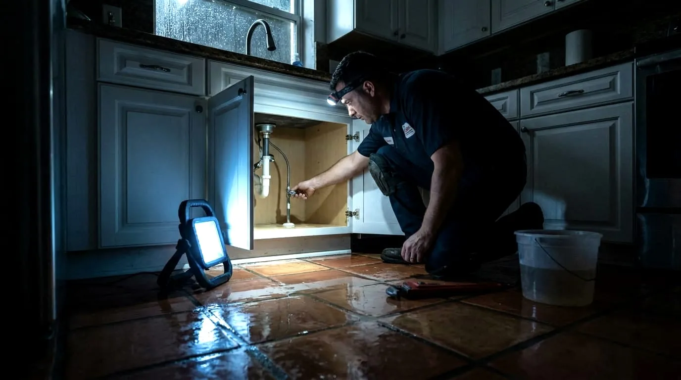A plumber closing the shut-off valve under a kitchen sink by work lamp at night
