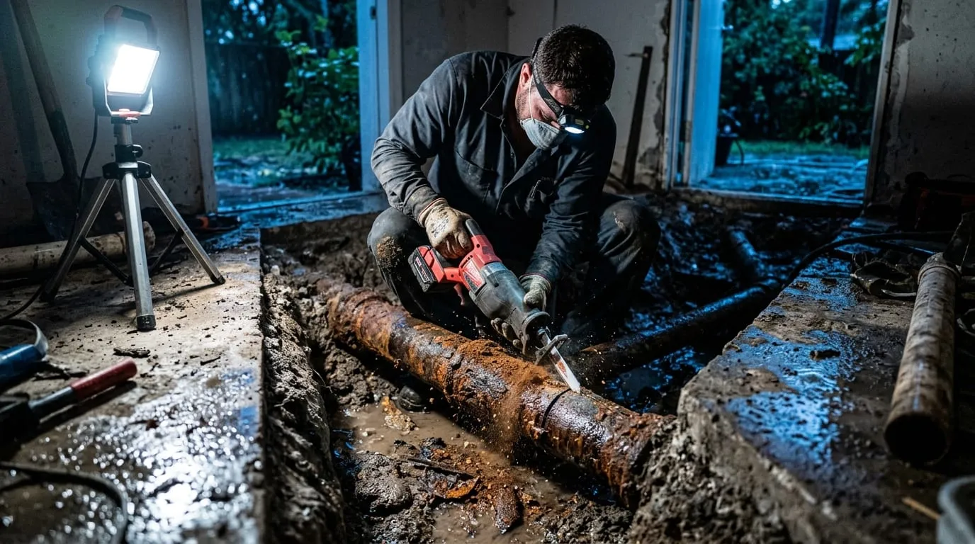 A corroded cast iron drain pipe being cut out of a slab trench