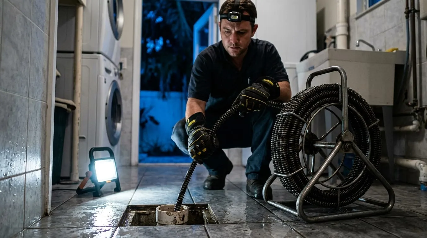 A plumber feeding a steel drain auger into a floor cleanout