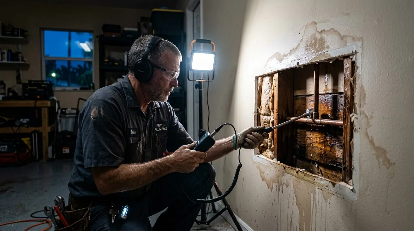 A plumber tracing a leak with an acoustic probe at a cut-open wall