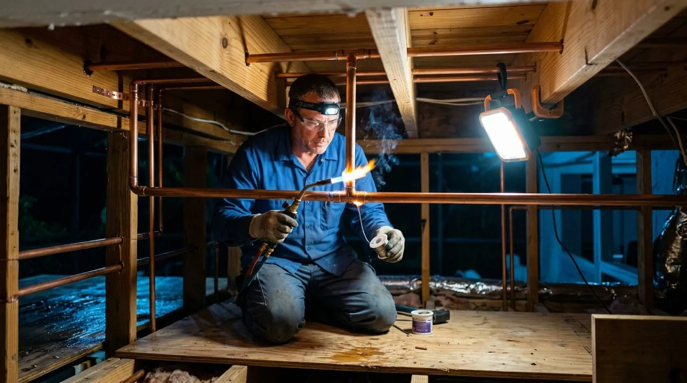 A copper repipe joint being soldered in an open ceiling