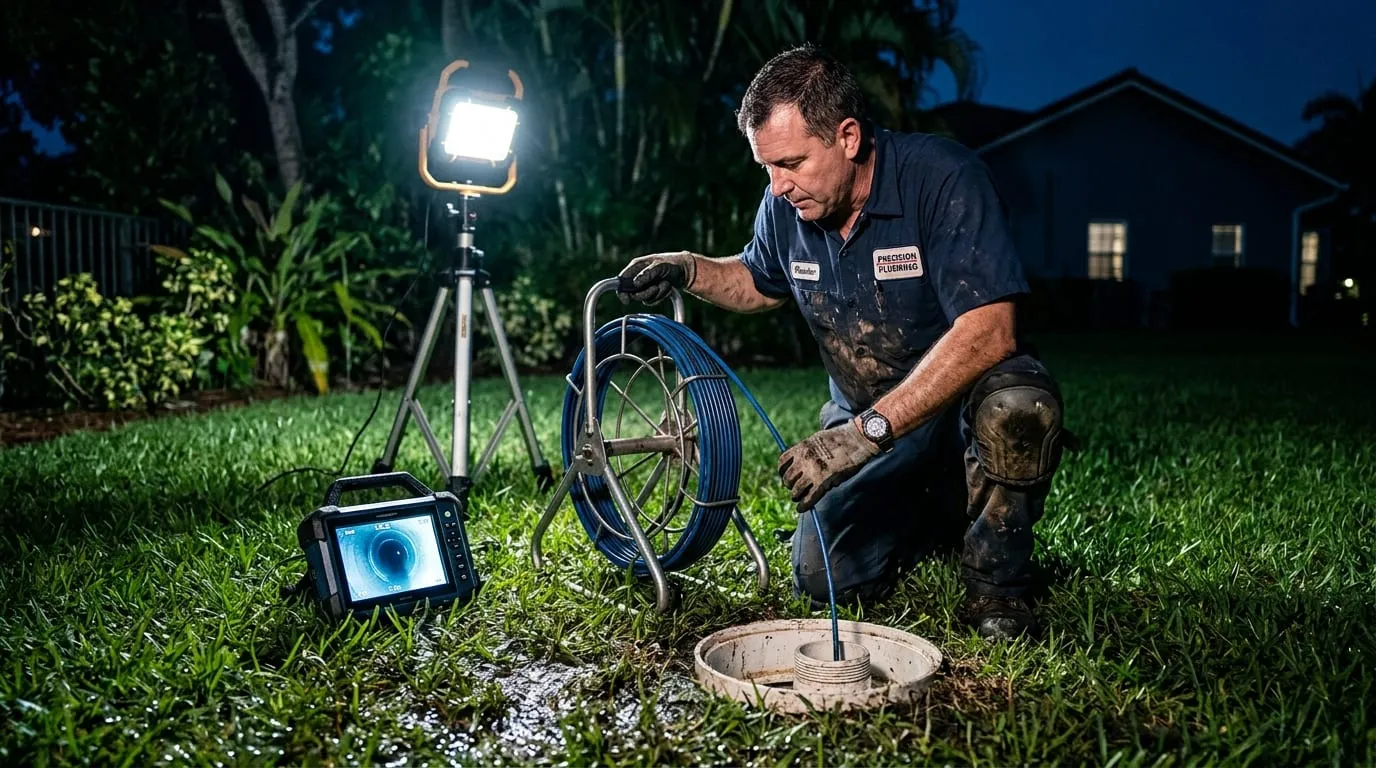 A sewer inspection camera reel fed into an outdoor cleanout at night