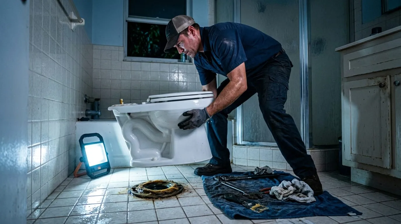 A toilet lifted clear of its flange during a reset