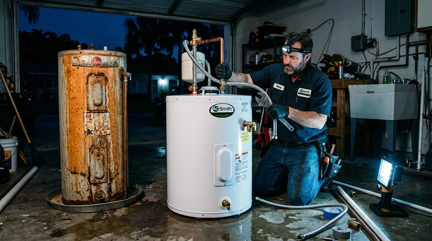 A new water heater being connected beside the corroded tank it replaces