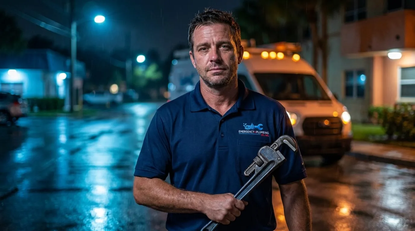An Emergency Plumbing SFL plumber with a pipe wrench beside the van