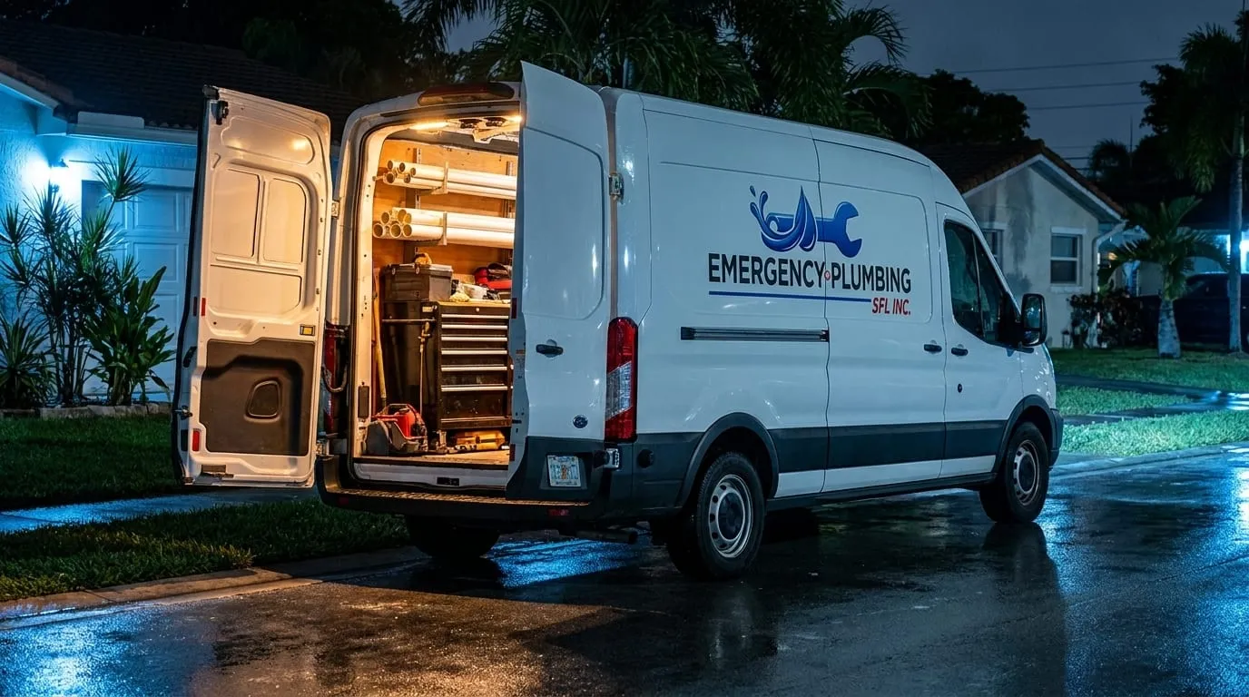 An Emergency Plumbing SFL van at the kerb with its rear doors open