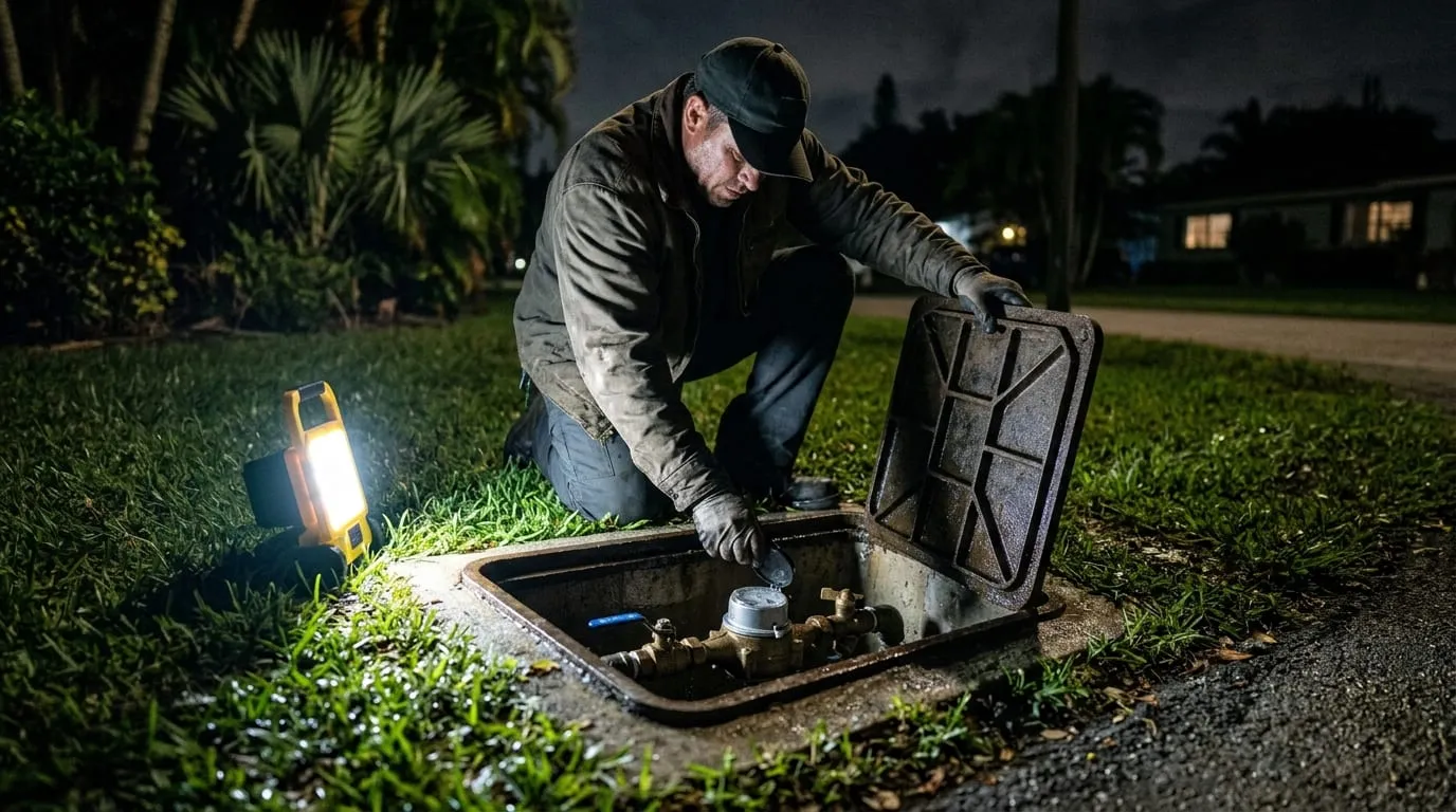 A plumber lifting the lid of a water meter box set into a lawn at night