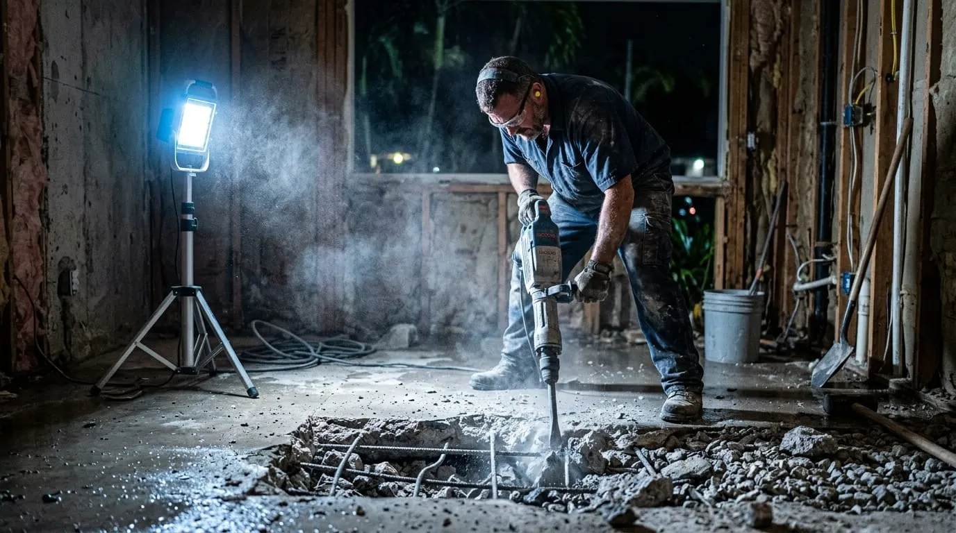 A plumber breaking a concrete slab floor to reach the drain line beneath