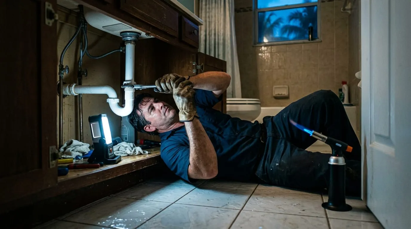 A plumber on his back inside a vanity cabinet tightening a trap arm